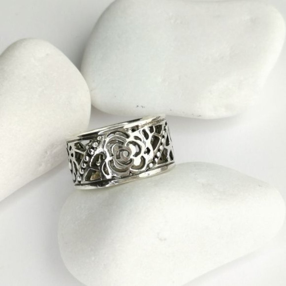 Sterling Silver filigree Tudor Rose Flower Garden band ring 🆕